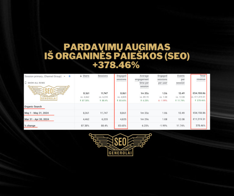 +378.46% pardavimų augimas iš SEO (2024 m. gegužė)